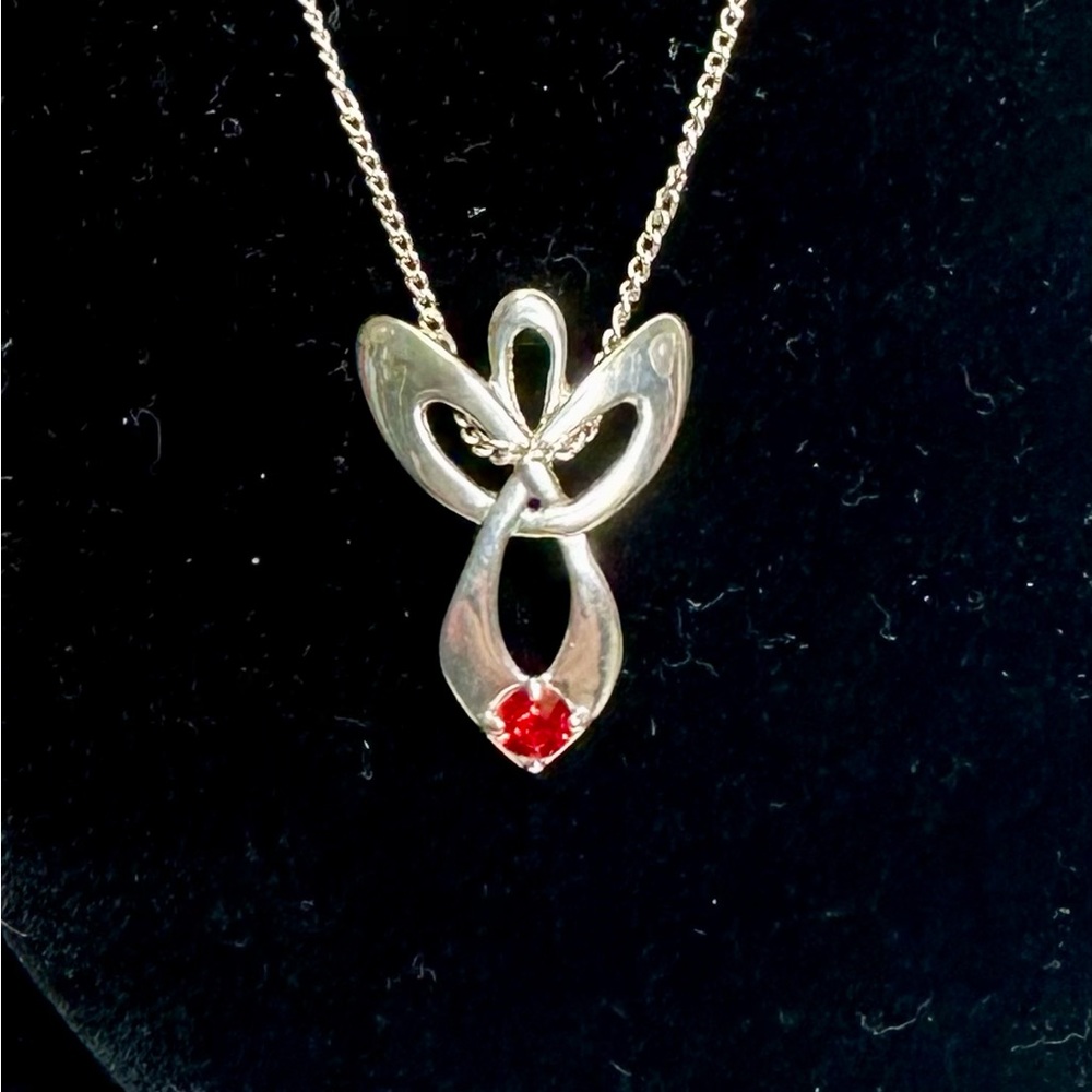 CAROLYN POLLACK Sterling Silver Ruby Red Gem Birthstone Angel Pendant Necklace
